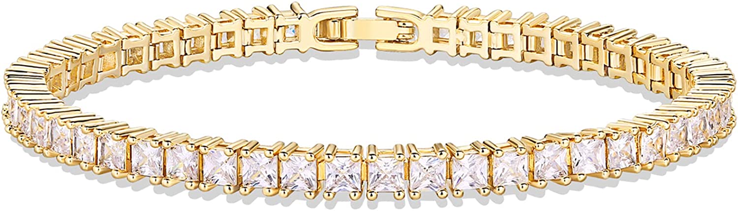 230816062900610_1 PAVOI 14K Gold Plated Princess Cut Cubic Zirconia Classic Tennis Bracelet | Gold Bracelets for Women | 3mm CZ, Size 6.5-7.5 Inch - Image 1